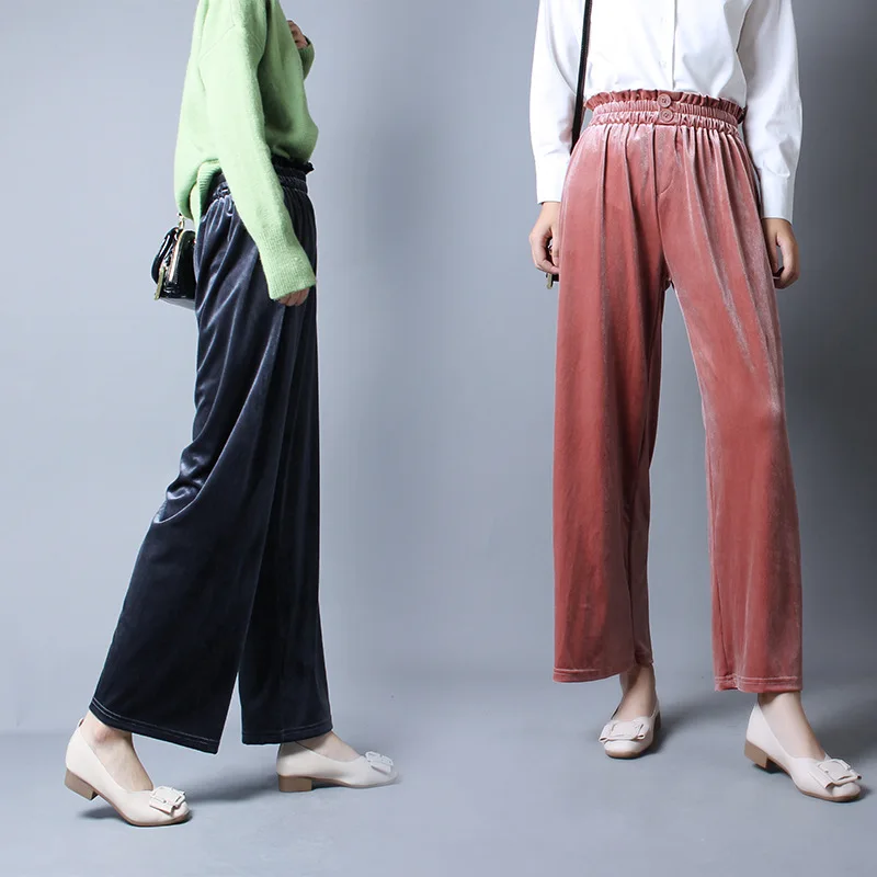 

New Fashion Women Pants High Elastic Waist Pleuche Ankle Length Pants Casual Wide Leg Pants Female Solid Loose Shaking Trousers