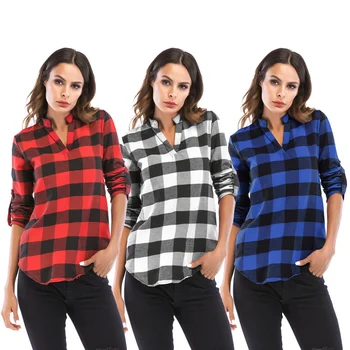 

Women Blouses Long Sleeve V-neck Casual Plaid Shirt Plus Size Ladies Streetwear Tops Spring Casual Chiffon Shirts Female