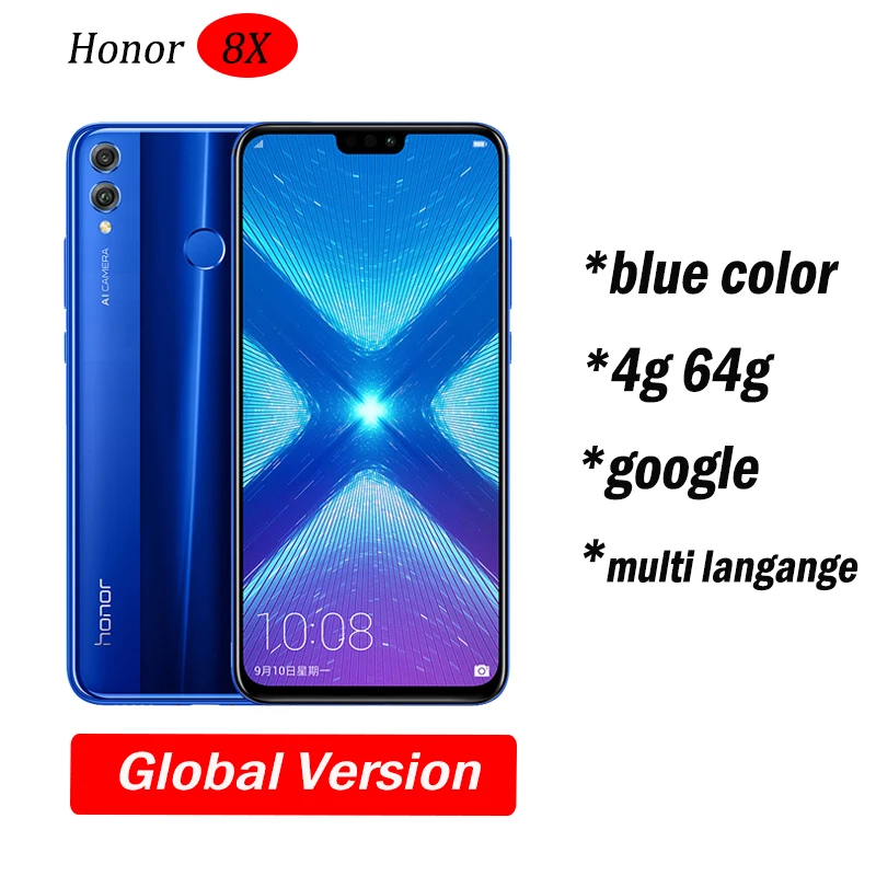 4g64 blue global V Глобальный Встроенная память Huawe Honor 8X6,5 ''полный экран ОТА обновление смартфон не 8x max мобильного телефона Android 8,1 Восьмиядерный отпечаток пальца ID - Цвет: 4g64 blue global V