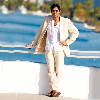 

Summer Linen Beach Mens Wedding Suits Groom Tuxedos 2 Pieces (Jacket+Pants) Bridegroom Suits Costume Homme Best Man Blazer