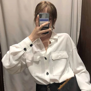 

Retro Elegant Women Shirt Casual White Buttons Pocket Loose Women Tops Long Sleeve Simple Party Women Clothes Autumn BB60NCS