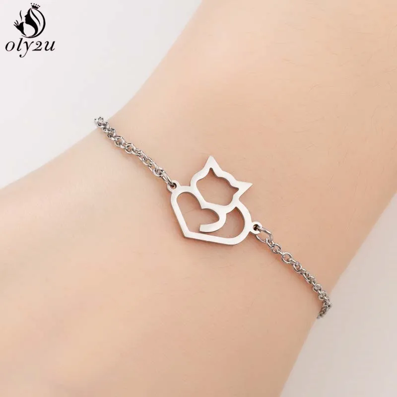 

Oly2u Lovely Animal Cat Charm Bracelet for Women Kids Stainless Steel Jewelry Handmade Bracelets Pulseira Feminina Party Gift