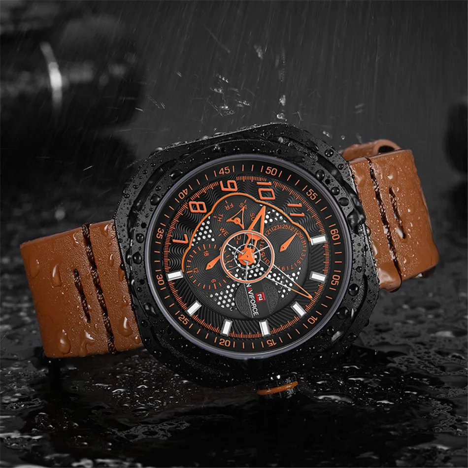 NAVIFORCE брендовые Роскошные Кварцевые часы 24 часа водонепроницаемые спортивные часы с кожаным ремешком, модные трендовые мужские часы, деловые повседневные мужские часы