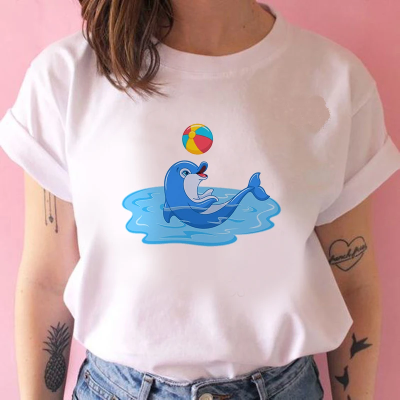 Female T-shirt dolphin Floral Print Hip Hop Streetwear Tops T-shirt Casual Funny T-shirt 90s Harajuku T-shirt Girl