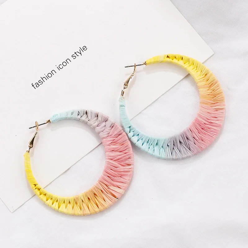 Pink AENSOA, богемная кисточка из рафии, висячие серьги, этнические Винтажные серьги в радужную клетку, плетеные серьги из ротанга, большие массивные серьги, подарок - Окраска металла: Pink