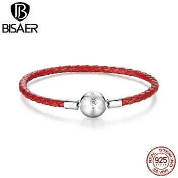 

BISAER Lucky Bracelets 925 Sterling Silver Red Leather Rope CZ PU Leather Chain For Women Jewelry Gift GAB042