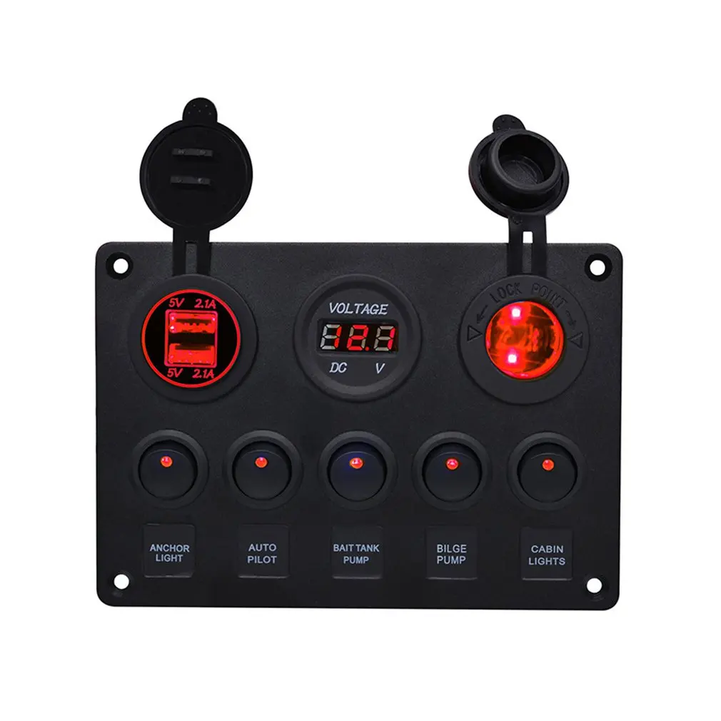 

Dual USB Car Vehicle Charger LED Voltmeter 12V Power Outlet With 5 Toggle Switch Panel for Car Boat Marine RV Yachts