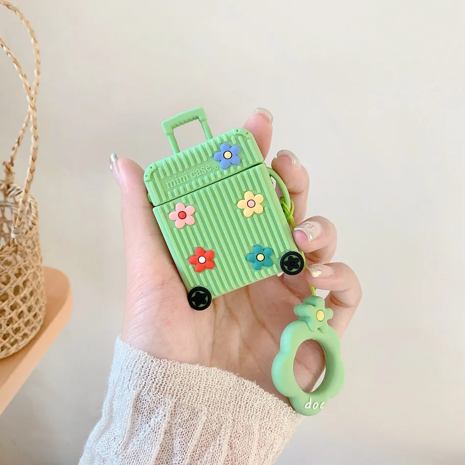 Flower Green Для AirPods чехол Модный милый костюм чехол для багажника Чехол для багажа для Apple Airpods 2 защитный чехол для наушников с кольцом на палец - Цвет: Flower Green