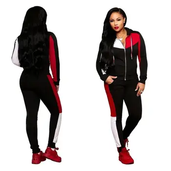 

2019 autumn new fahsion hooded patchowrk two piece set women casual zippers coat and pants suit tracksuit sportwear
