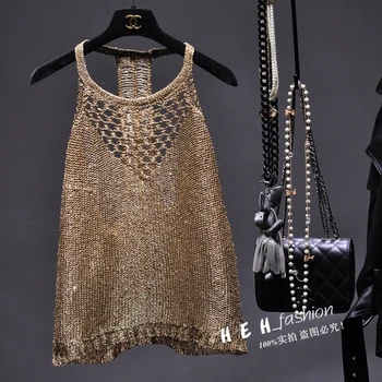 

Summer Gold Lurex Tanks Top Women Halter Backless Sexy Knitted Camis Khaki Hollow Out Shiny Sequin Tank Camisole Femme