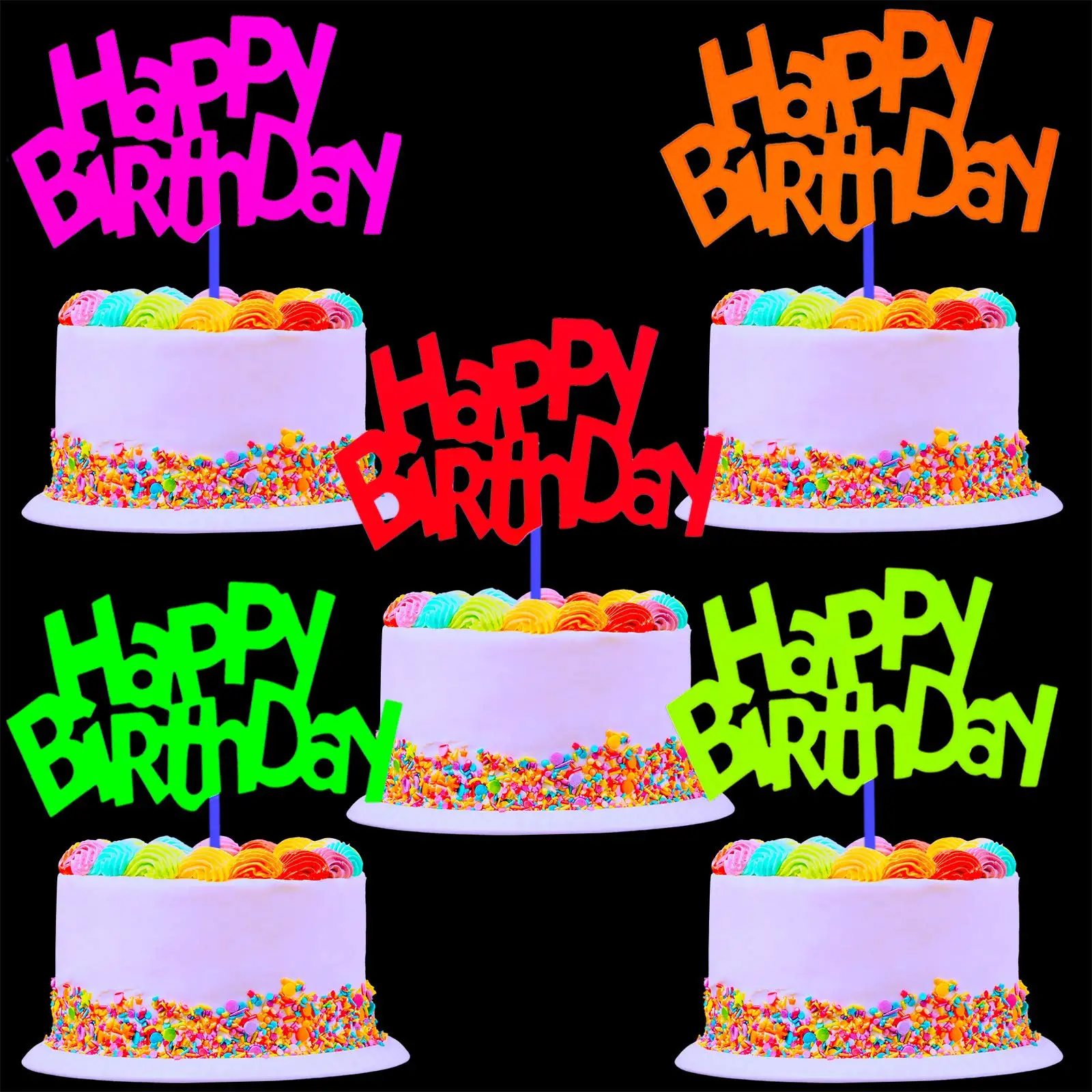 30 peças brilho festa neon suprimentos brilho na luz uv feliz aniversário bolo cupcake toppers preto luz festa de aniversário decoração