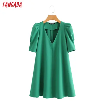 

Tangada fashion women solid green summer dress short sleeve v neck ladies midi dress vestidos 2L19