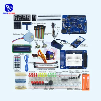 

UNO R3 Starter Learning Kit Expansion Board for Arduino Breadboard Dupont Wire 1602LCD Rotary Potentiometer Buzzer LED Module