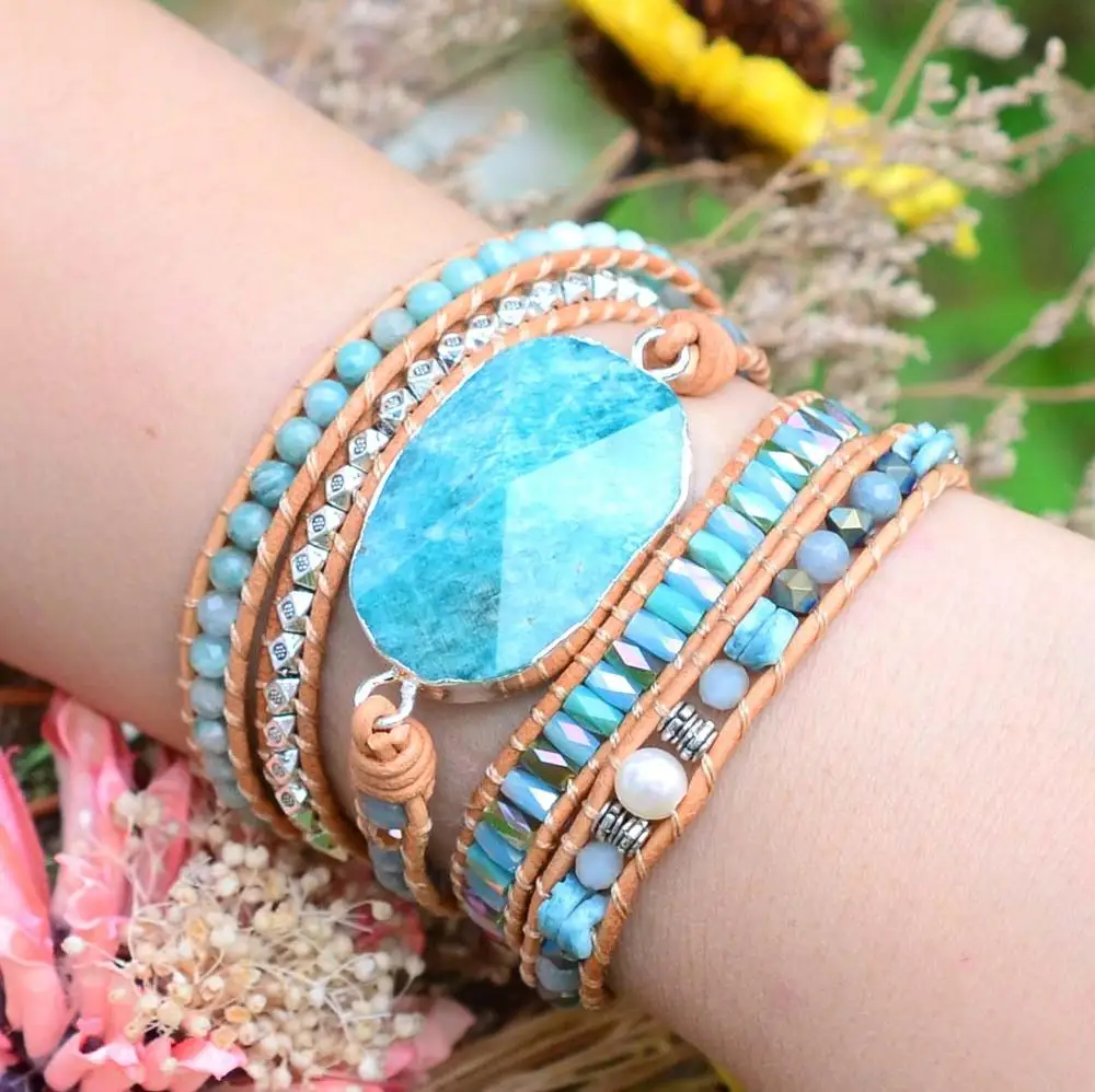 

Womens Wrap Bracelet Amazonite Crystal 5 Times Leather Strap Bracelets Multilayers Statement Bracelet Dropshipping