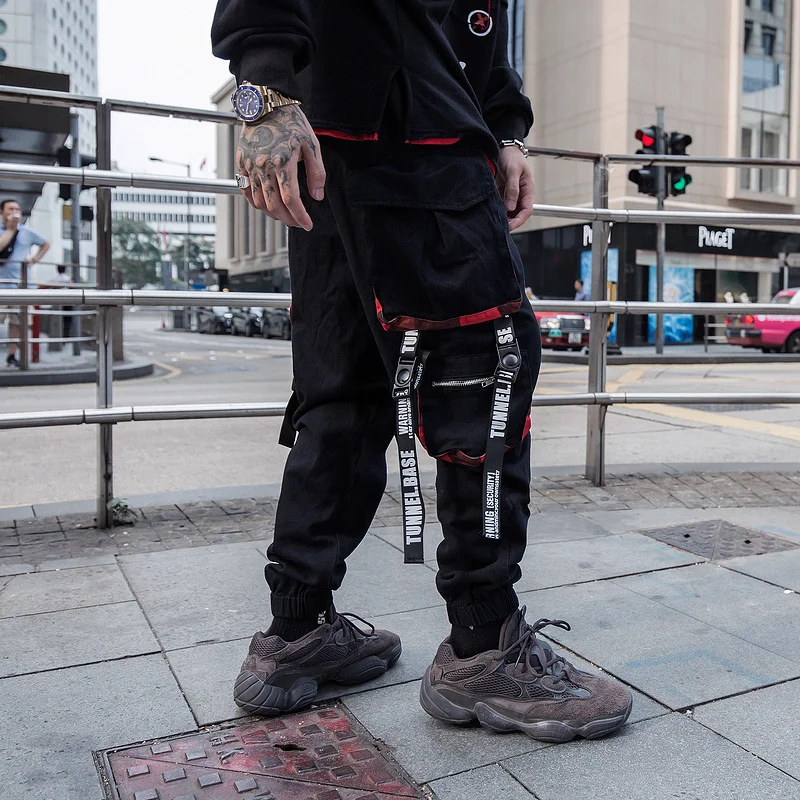 

2019 New Hip Hop Ribbon Buckle Pocket Pants Men