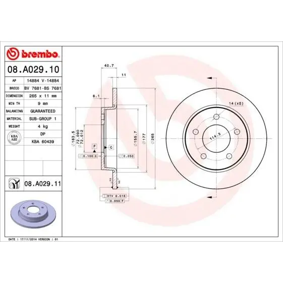 Диск тормозной MAZDA 3 1.4-2.0 03- задний BREMBO 08.A029.11