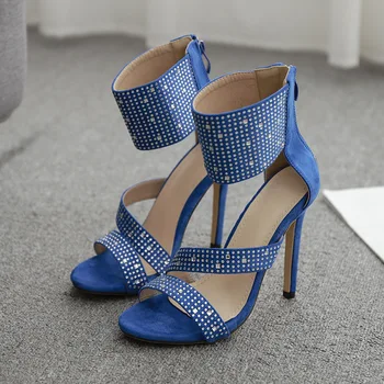 

2020 Women Sandals Summer Solid Color Sexy Rhinestone Women Shoes Fashion Zipper Super High Heel Party Footwear