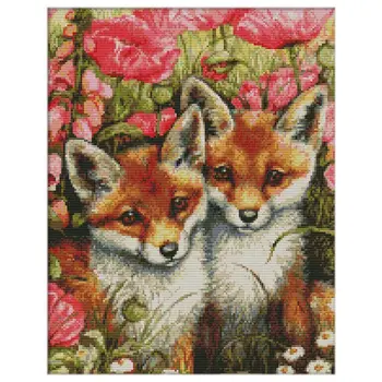 

DIY Handmade Needlework Counted Cross Stitch Set Embroidery Kit 14CT Lovely Foxes Pattern Cross-Stitching 35 * 44cm Home Decorat