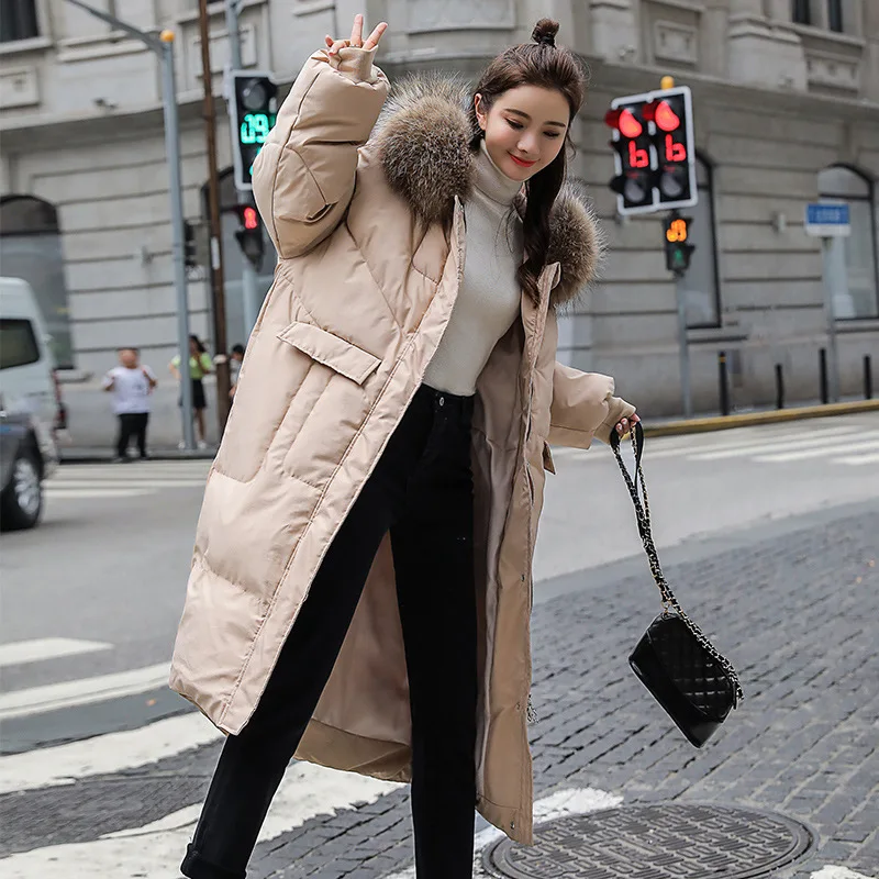 

ACZ Winter Hooded Large Fur Collar Cotton-padded Clothes 19 New Style Korean-style Loose-Fit Padded Thick Mid-length Cotton Coat