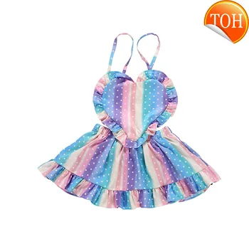 

Baby Summer Clothing Toddler Baby Girls Colorful Dress Love Rainbow Striped Ruffles Strap Dress Romper Outfit Clothes 1-5Y