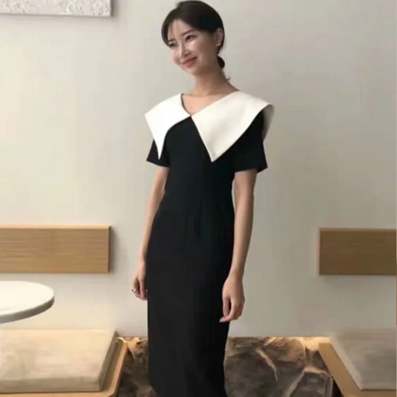 2020 Summer Women Elegant Office Dress Korean Party Black And White Big Turn-Down Collar Midi Dress Vestido Festa