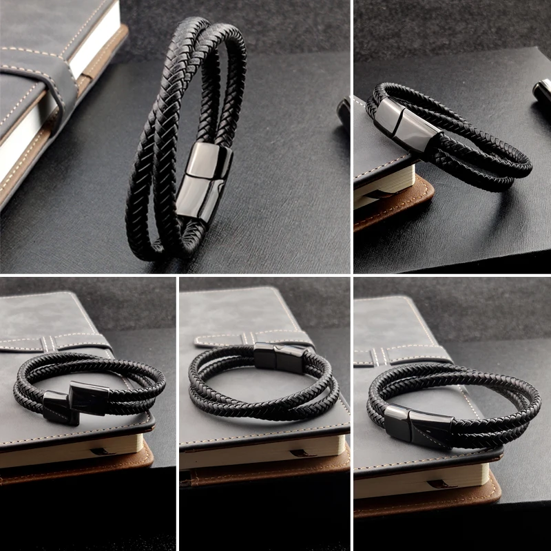 Punk-Charm, individueller Name, schwarz/braun/blau/kaffeefarbenes geflochtenes Lederarmband für Männer, gravierter Edelstahl für Damenschmuck – Detail 1