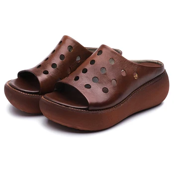 

SONDR women slides chaussures femmes nouveau 2019 wedge platform slippers women shoes retro genuine leather ethnic buty damskie