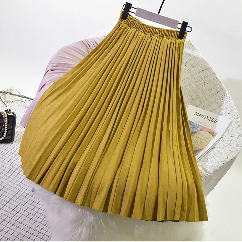 Qiuxuan искусственная замша кружевная длинная юбка женская плиссированная юбка осень зима модная Эластичная Высокая талия Повседневная Женская Макси юбка - Цвет: Yellow