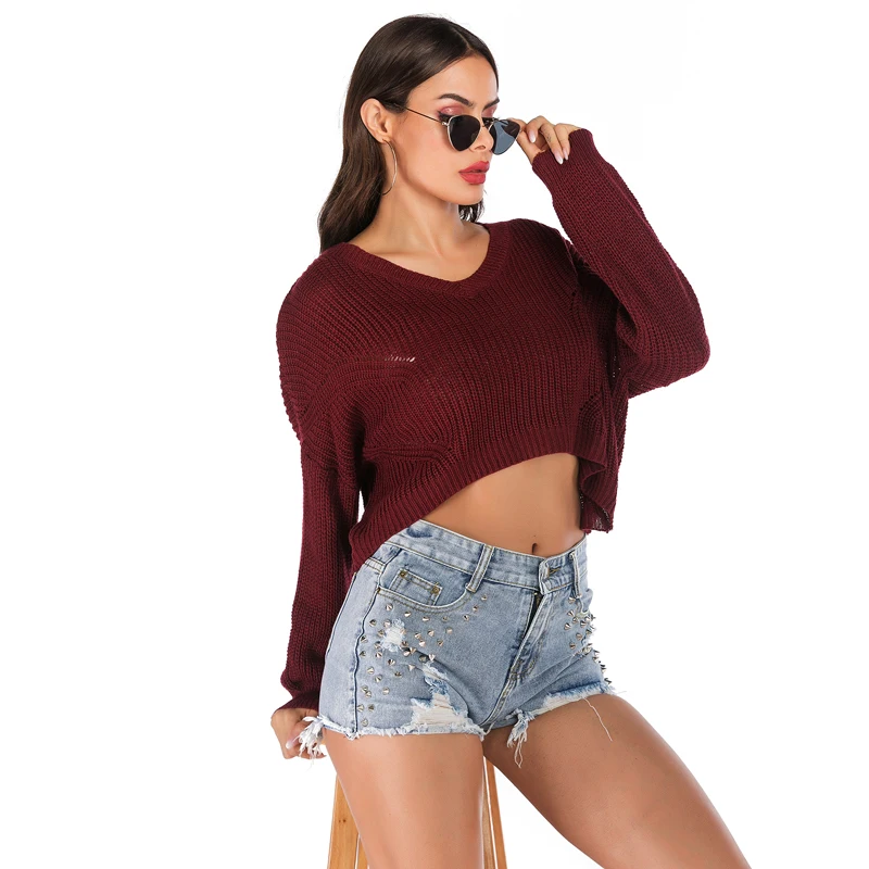 

Women Sweater Autumn Tops Fashion Casual Loose Pullovers Sweater V-Neck Women's Super Short Sexy Ladies Knitwear 2019