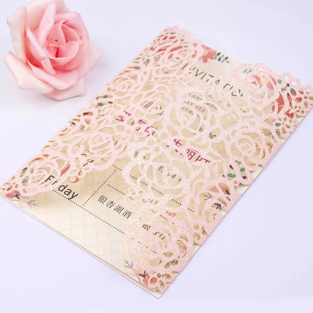  Free Shipping 1 sets Customize Gold/Silver/Blue Glitter Hollow Flower laser cut Invite wedding invi - 4.00039E+12