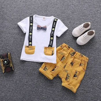 

Fashion baby boy clothes summer round neck short sleeve shorts suit cartoon letter printed bow tie cotton baby two-piece suit