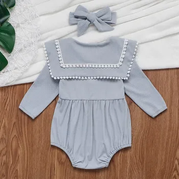 

New Bodysuit Long Sleeve Bow Hair Band 2 Pcs Baby Girls Cute Doll Collar Solid Color Jumpsuit Spring And Autumn