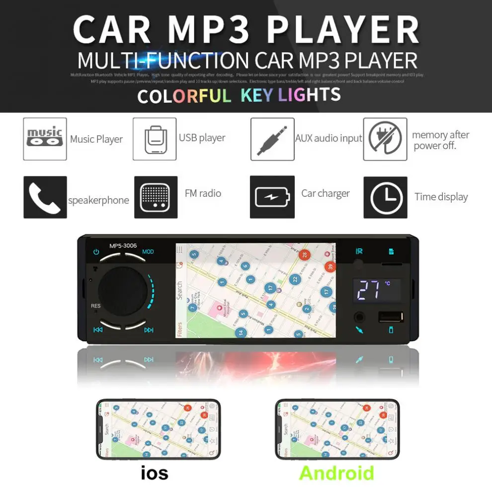 

1 Din Bluetooth Car Radio Mirror Link Temperature Display 4 Inch Screen MP5 Video Player USB TF Handsfree A2DP Stereo System
