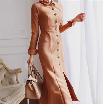 

Autumn Winter Women Long Sleeve Sheath Bodycon Dress Ladies Midi Dress Single Breasted Ruffle Party Suede Dresses