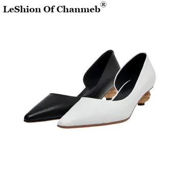 

2020 New Arrival Genuine Leather Shoes Women Pumps Pointed Toe Spring Summer Single Shoes Unique Two Pieces Party Pumps Woman