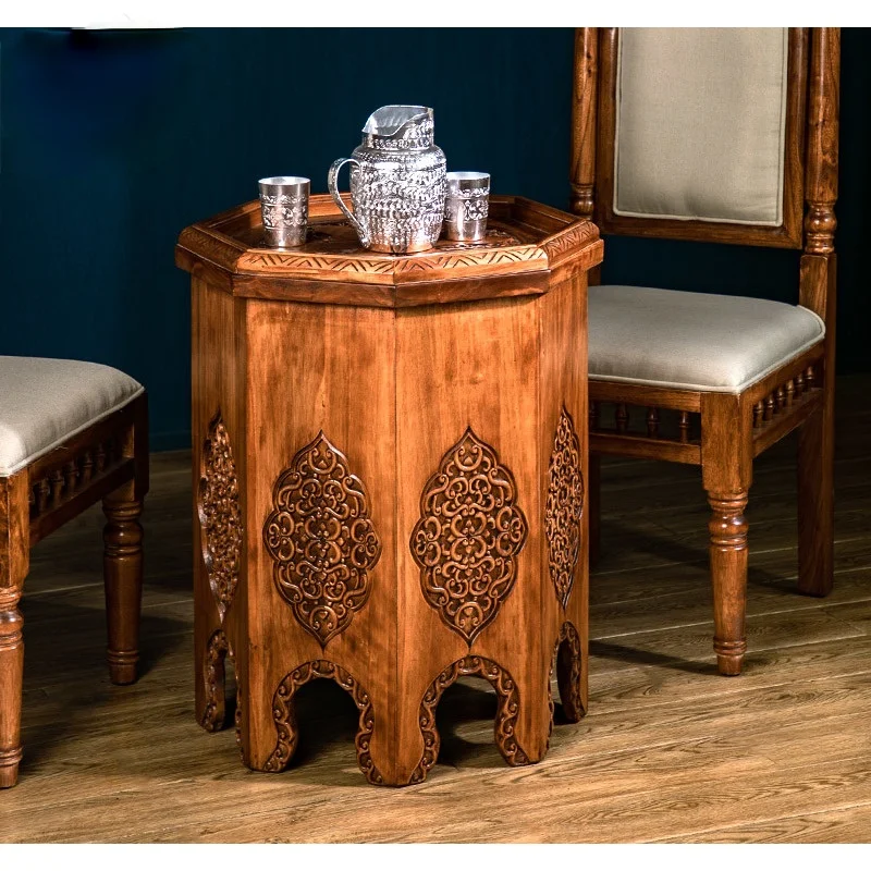 

Thai Handmade Wooden Tea Table Chair Combination Southeast Asian Style Solid Wood Carving Thai Elm Furniture