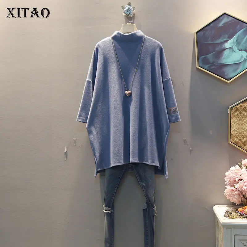 XITAO, простая футболка с буквенным принтом, женская одежда, модная свободная футболка размера плюс с высоким воротом и рукавом средней длины, необычная футболка DMY1602