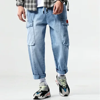

New Men's Elastic Jeans Fashion Casual Hip Hop Loose Denim Jeans Patchwork Pocket Trousers Harem Pants Denim Joggers For Male