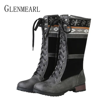 

Women High Boots Female Winter Boots Women Shoes Platform Flat Boot Lace Up Casual Shoes Zipper Ladies Shoes 2019 New Arrival D