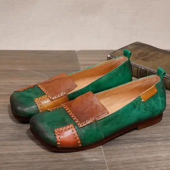 

Retro Color Block Casual Loafers Single Shoes Woman Women Ballet Flats 2020 Spring Summer New Layer Cowhide Leather Women Shoes
