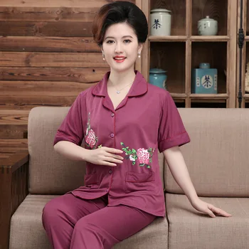 

Foply Fashion 2 Pieces Pajamas Set Women's Cotton Homewear Spring Autumn Cute Flower Printing Short Sleeves Long Pants Sleepwear