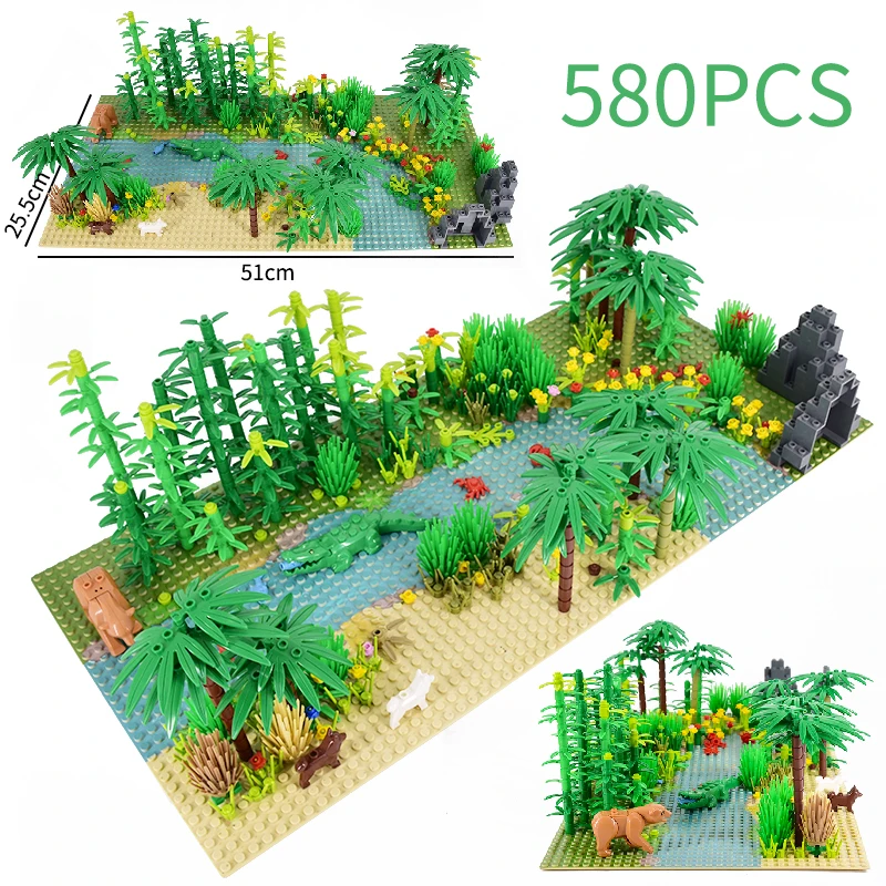 thumbnail image 1 of Bloques de construcción MOC Rain Forest River, placas base de dinosaurios de animales de selva tropical, bloques de construcción, juguetes de dinosaurios de Jurassic World, 1 of 5