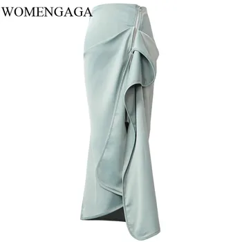 

Loose High Waist Green Asymmetrical Ruffles Temperament Half-body Skirt Women Fashion Tide Spring Autumn 2020 H19L