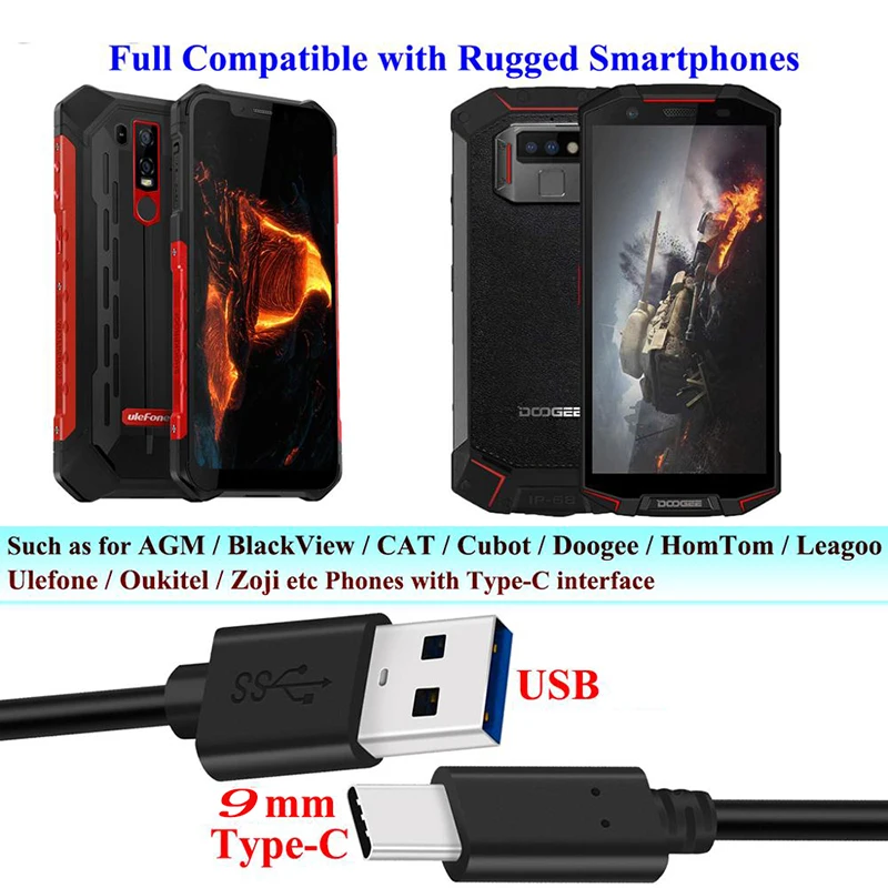 9 мм Длинный usb type-C Расширенный наконечник быстрое зарядное устройство 3A кабель для Poptel(Land Rover) P9000 MAX для Leagoo XRover, Nomu T20, Oukitel K12