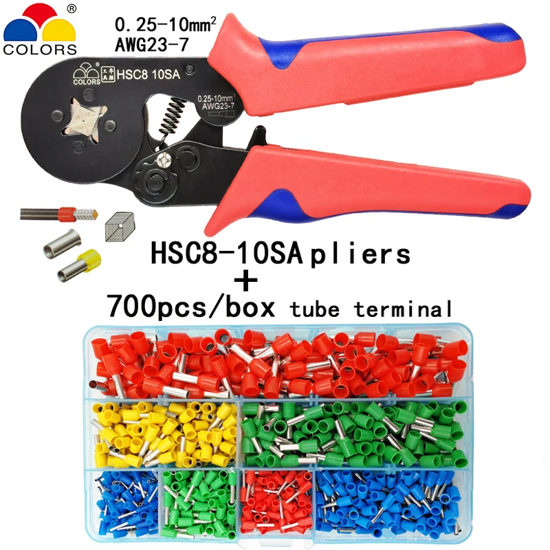 HSC8 10SA 700 tube Трубчатые обжимные инструменты Мини Электрические плоскогубцы HSC8 10SA 0,25-10mm2 23-7AWG 6-4A/6-6A 0,25-6mm2 Высокоточный набор зажимов - Цвет: HSC8 10SA 700 tube