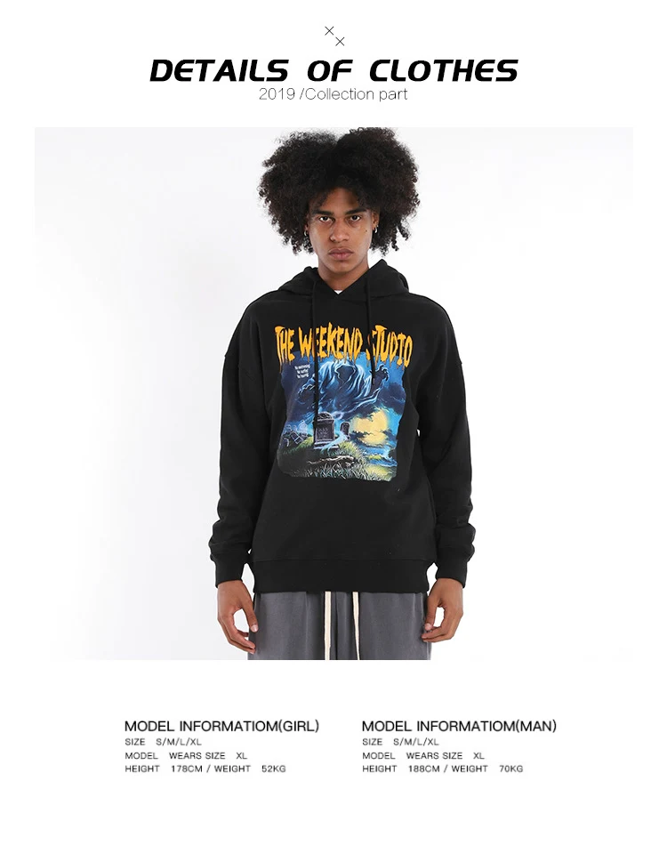 H.A.Sueno New High Street Black Mens Hoodies Skulls Print Loose Fit Men Sweatshirts Oversized Drop Shipping /7