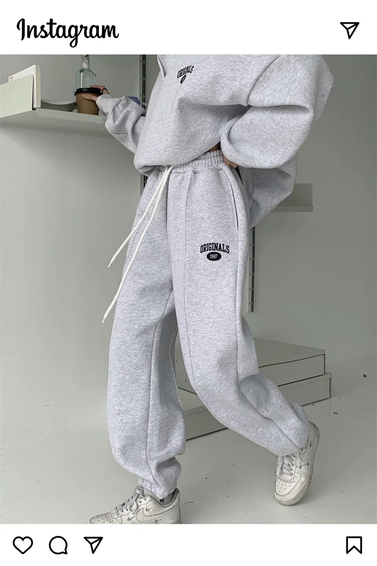 Bornladies 2022 Women Cotton Sweatshirt Suit Oversized Sets Female Stand Collar Loose Sweatshirt + Long Pants Suits Short Sets black pant suit