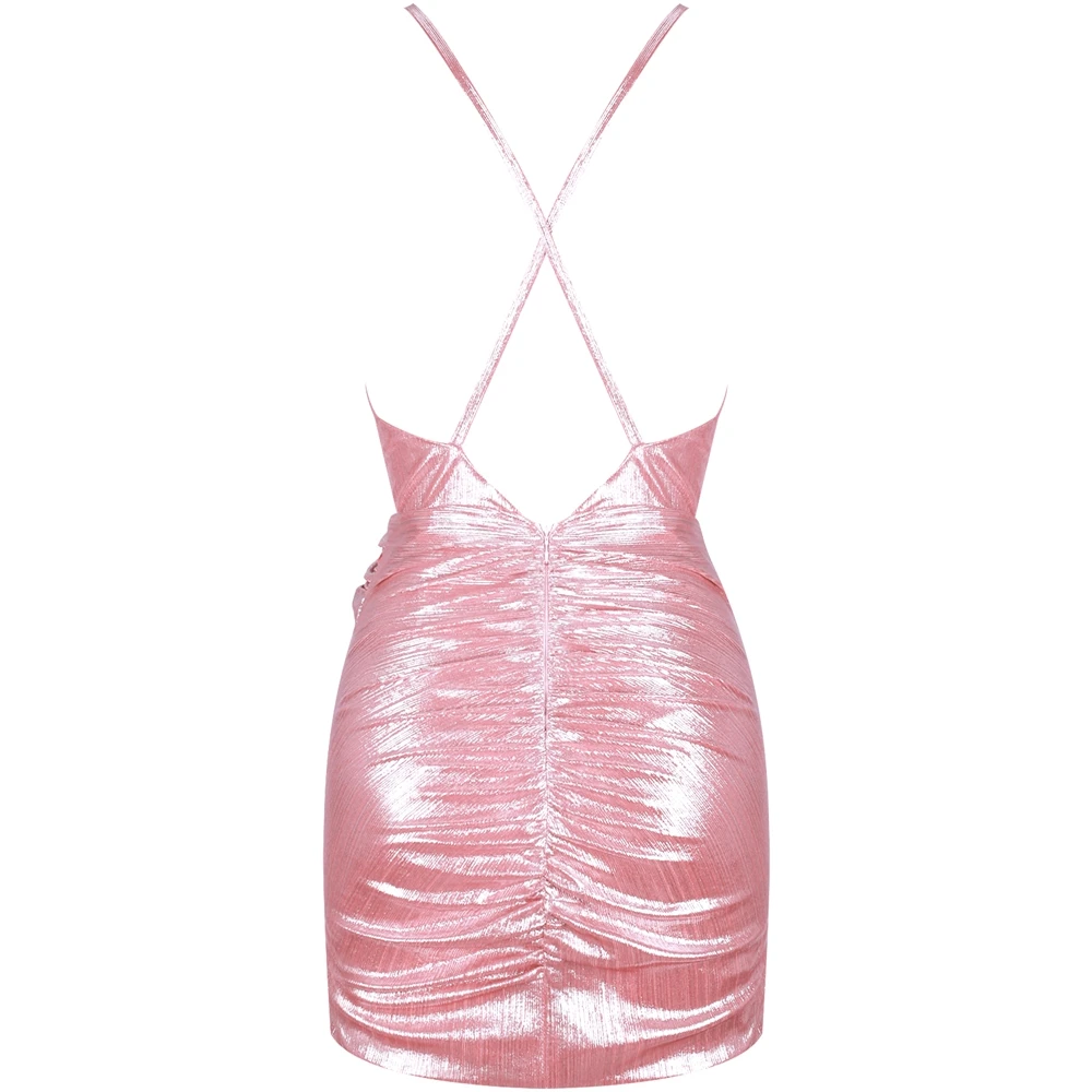 Розовый V шеи без рукавов Мини спинки Bodycon платье HI1050-Pink