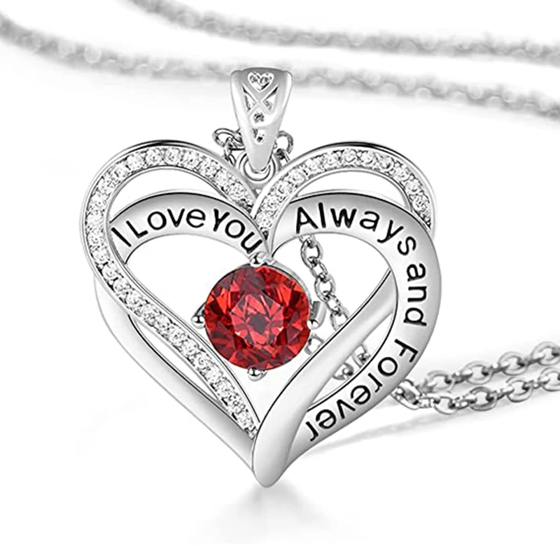 I Love You Always And Forever Crystal Heart Pendant Necklace Birthstone Necklaces For Mother Daughter Wife Girlfriend Gift