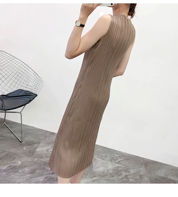 Miyake лоскутное плиссированное платье без рукавов длиной до щиколотки, женское платье, дизайн, зимний джемпер, новая мода, высокая эластичность